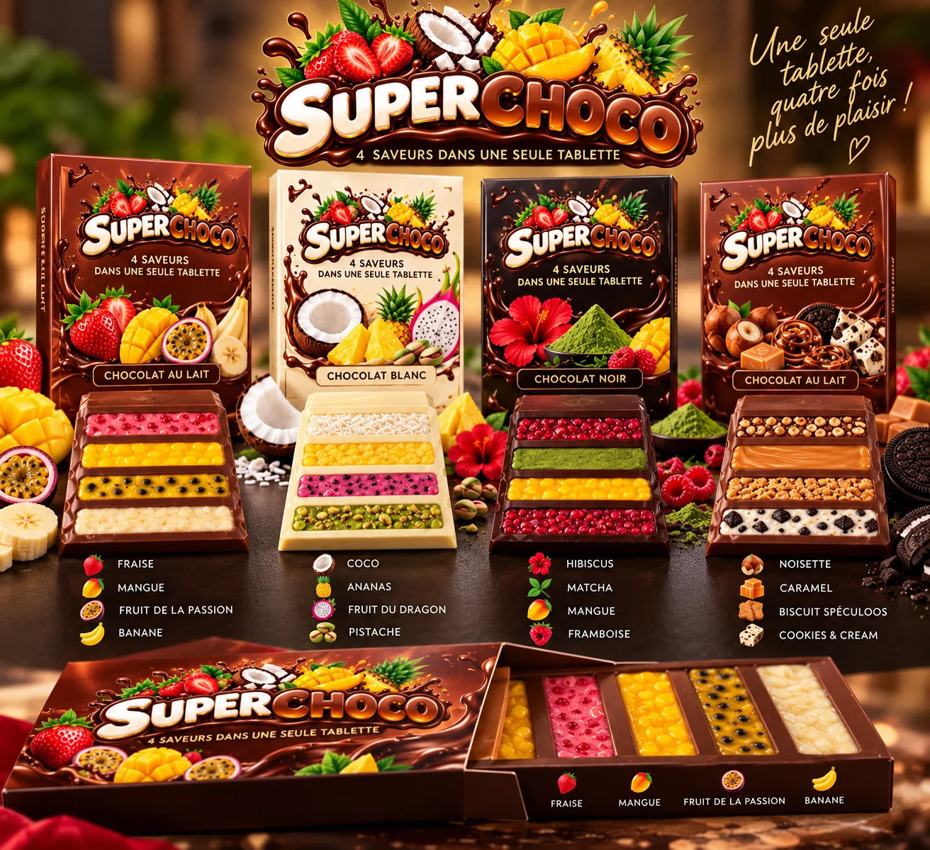 Les tablettes SUPERCHOCO finales avec leurs emballages : chocolats au lait, blanc et noir, garnitures visibles et pictogrammes de parfums