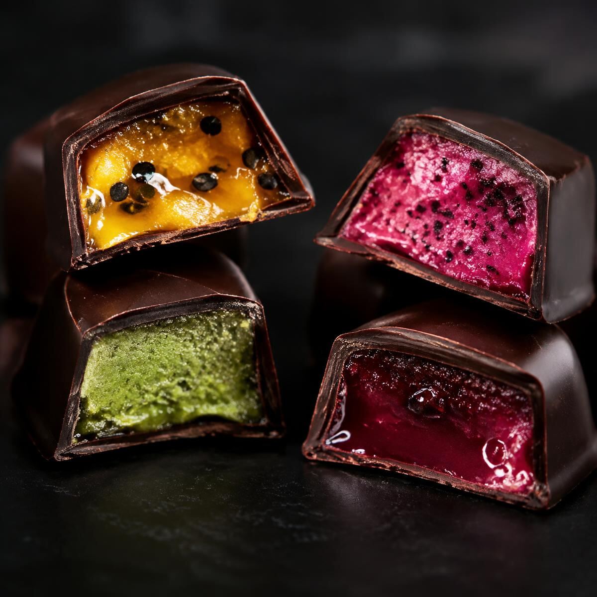 Gros plan sur des carrés coupés : passion, fruit du dragon, matcha, hibiscus