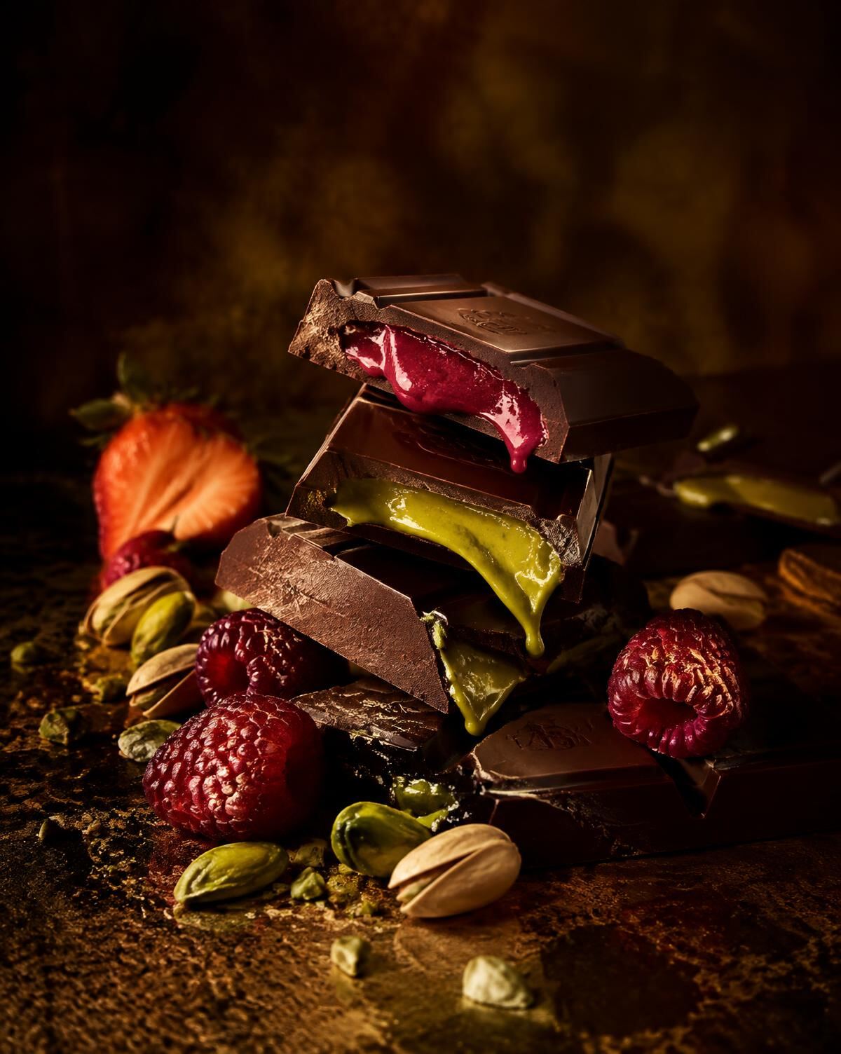 Carrés de chocolat noir garnis de crème de fraise et de pistache