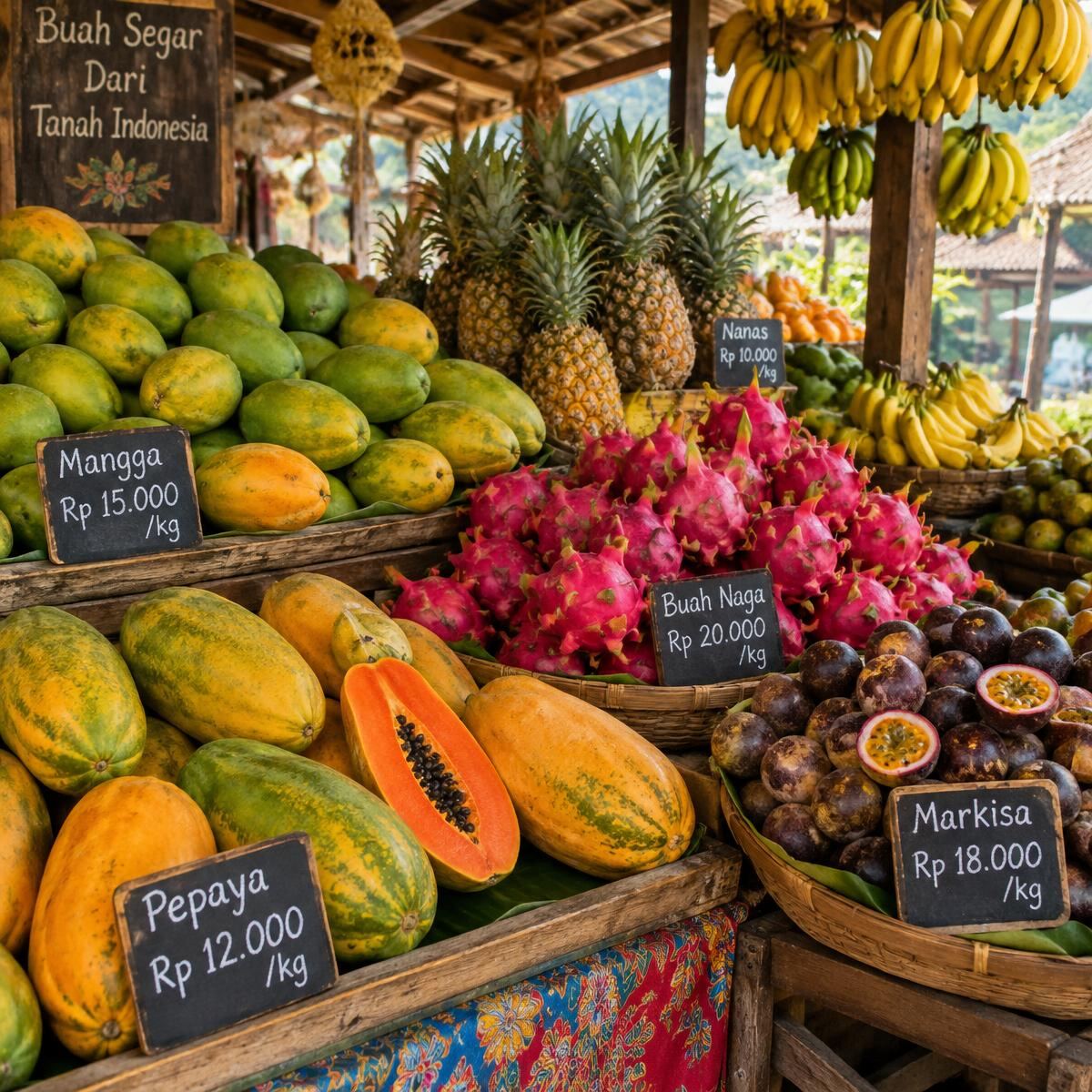 Illustration : étal de fruits tropicaux sur un marché indonésien